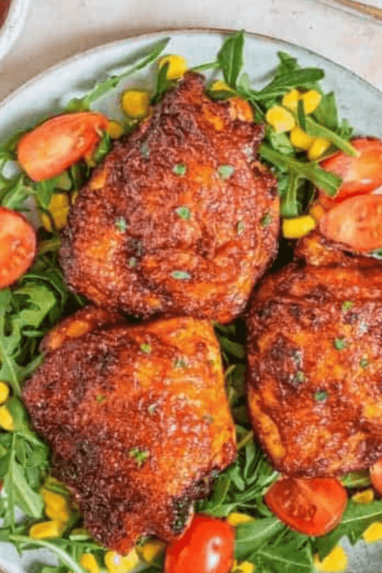 Air fryer peri peri chicken with spicy glaze, crispy skin, and juicy inside, served on a plate.