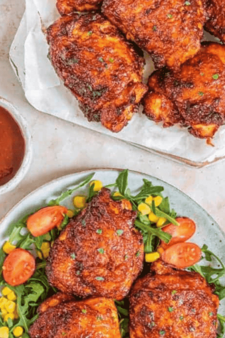 Air fryer peri peri chicken served on a plate with a side of dipping sauce.