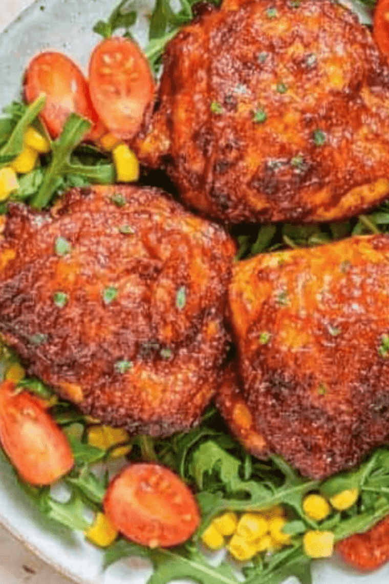 Air Fryer Peri Peri Chicken on a plate with crispy golden skin, garnished with lemon and herbs