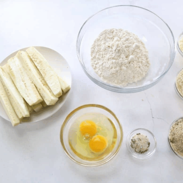 Ingredients needed for Extra Crispy Air Fryer Eggplant Fries on kitchen table.