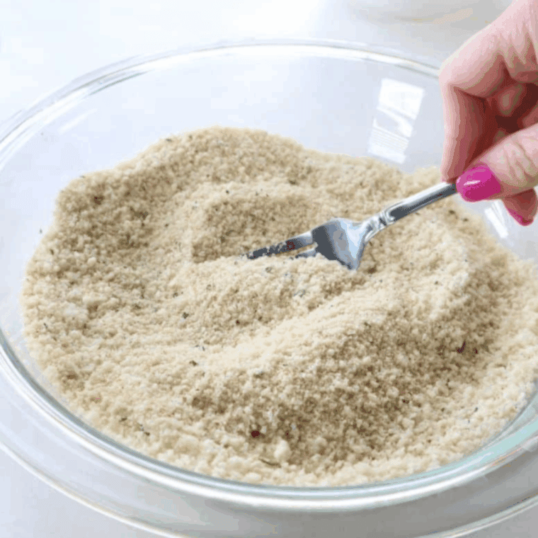 Mix Panko, Parmesan, breadcrumbs, garlic salt, and Italian seasoning in a large bowl for coating eggplant fries.