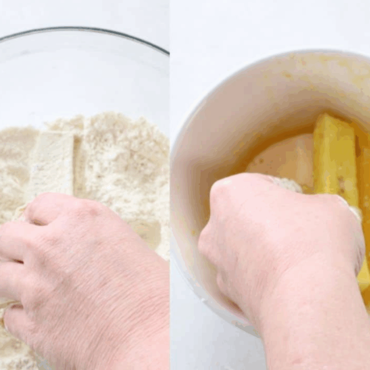 Coat eggplant slices by dipping in flour, then egg, and finally Panko mixture.