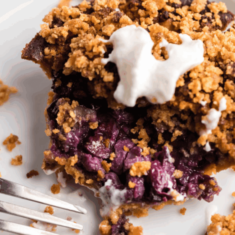 Close up of Blueberry Crumb Cake on a white plate.