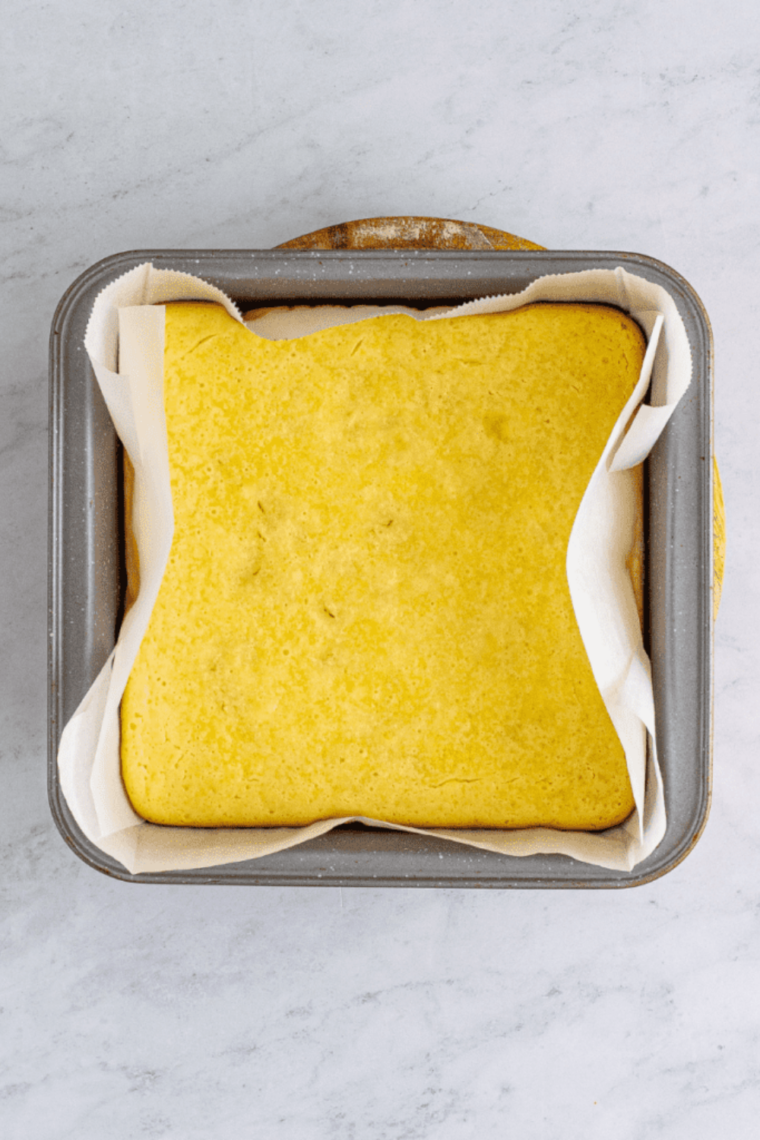 Cheesecake bars baking in the air fryer basket.