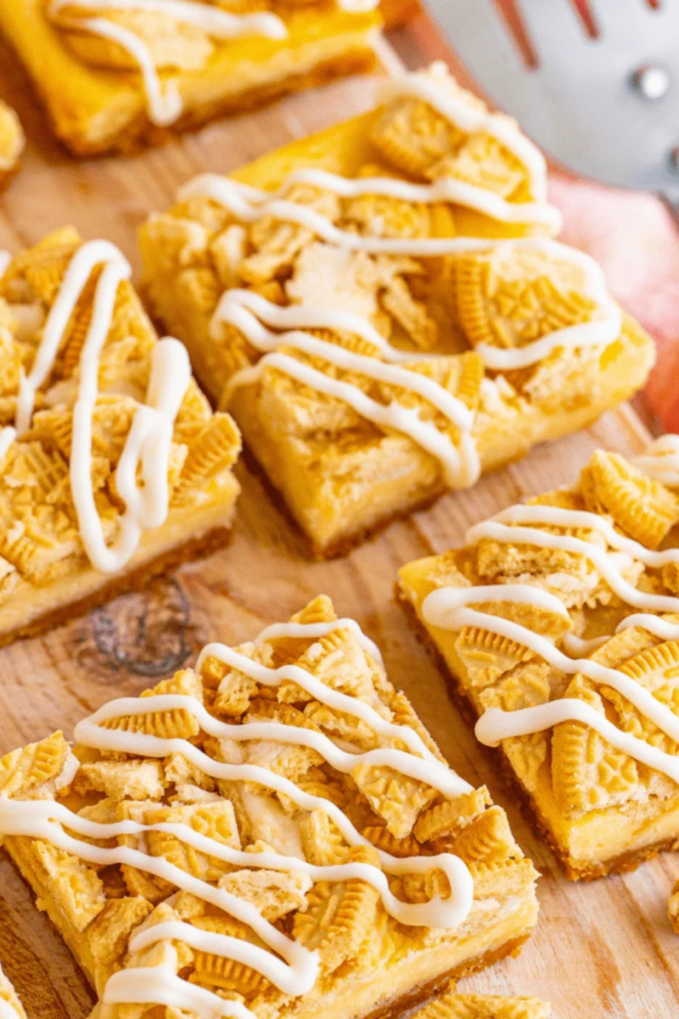 Close up of sliced cheesecake bars cooked in air fryer