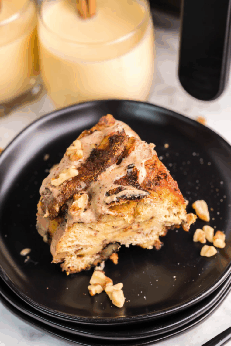 Golden, pull-apart eggnog cinnamon monkey bread fresh from the air fryer