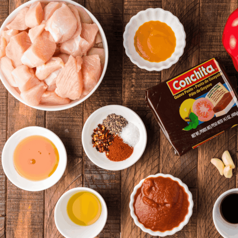 Ingredients needed for Air Fryer Guava Chicken on kitchen table.