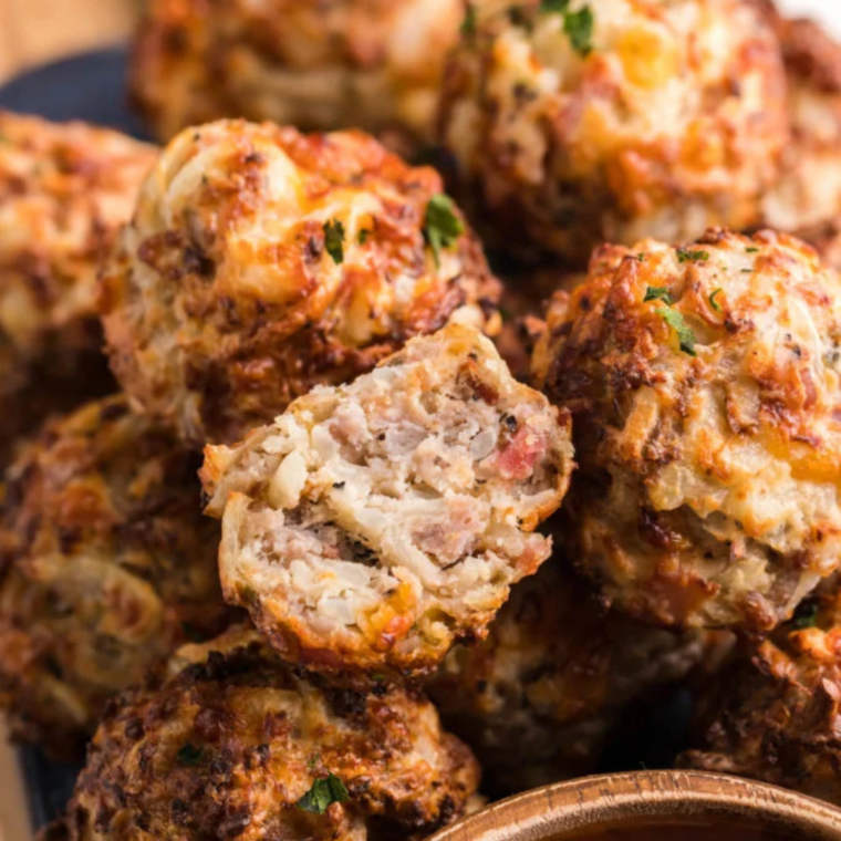 Cooked Air Fryer Sausage Balls on a platter garnished with parsley and served with maple dip