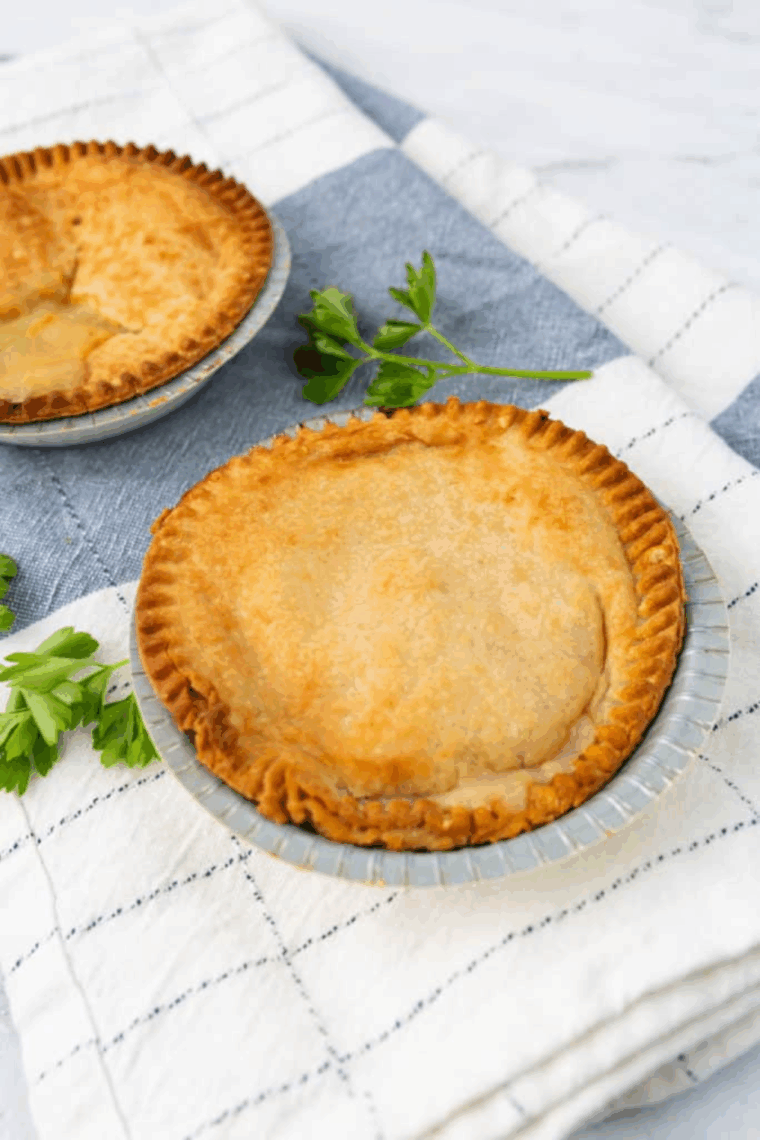 Air fryer Banquet Turkey Pot Pie with golden flaky crust and creamy turkey filling