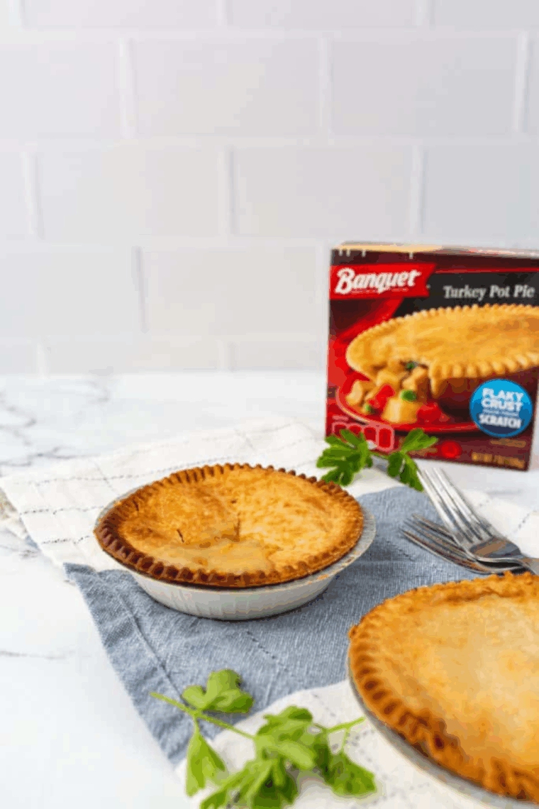 Banquet Turkey Pot Pie cooking in the air fryer with golden crust
