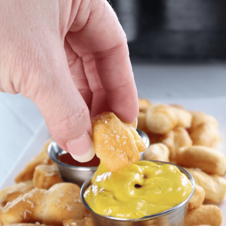 Pretzel dough rolled into a rope and cut into one-inch bites