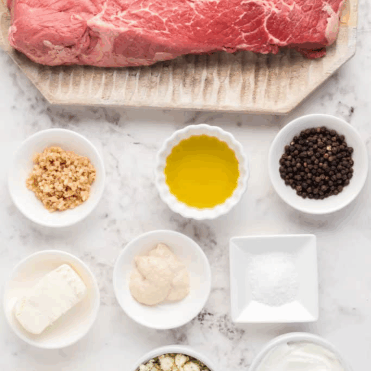 Ingredients needed for Easy Air Fryer Black and Blue Steak (Pittsburgh Style) on kitchen table.