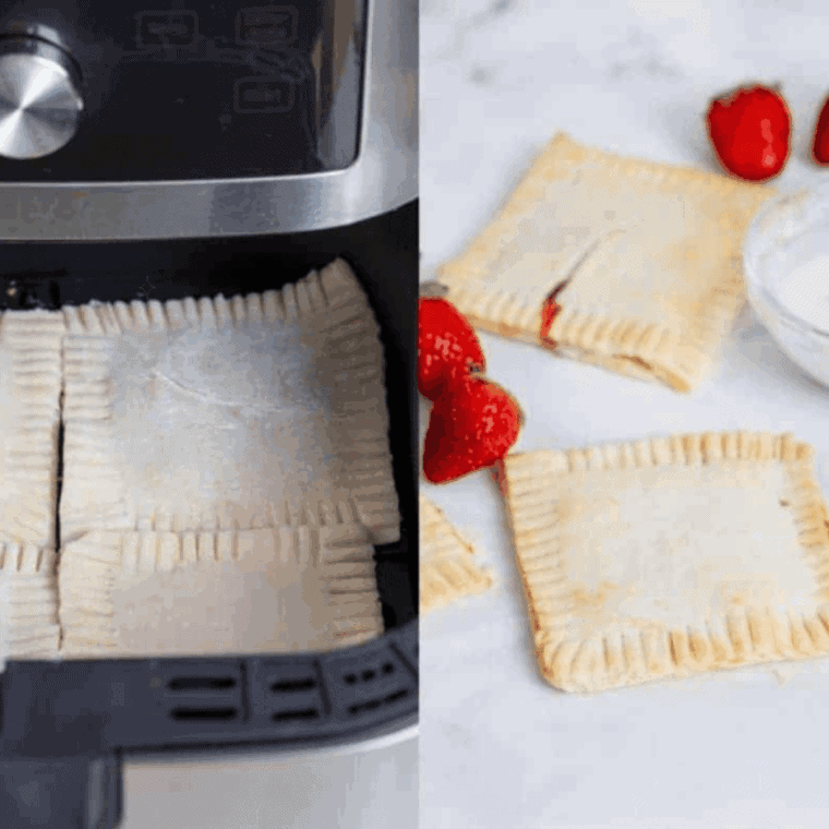 On the left hand side: 4 uncooked homemade pop tarts are sitting in the air fryer basket about to be cooked. Right hand side: 2 crispy cooked pop tarts sitting on a white counter with some loose strawberries next to them.