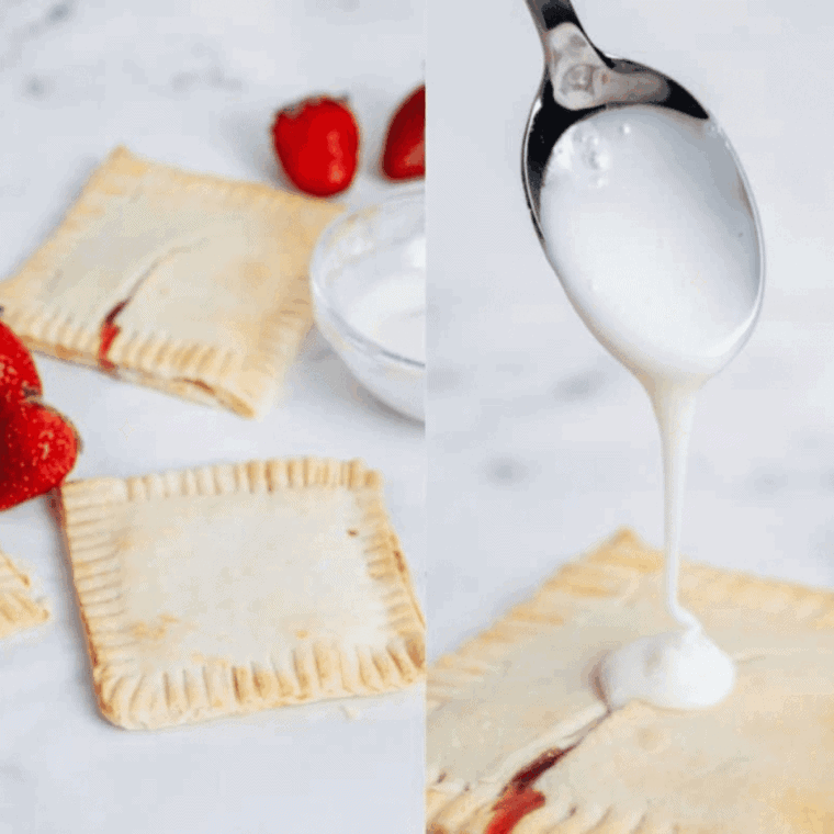 On the left hand side: 2 crispy cooked pop tarts sitting on a white counter with some loose strawberries next to them. Right hand side: A teaspoon with is drizzling white icing all over the top of a cooked pop tart.