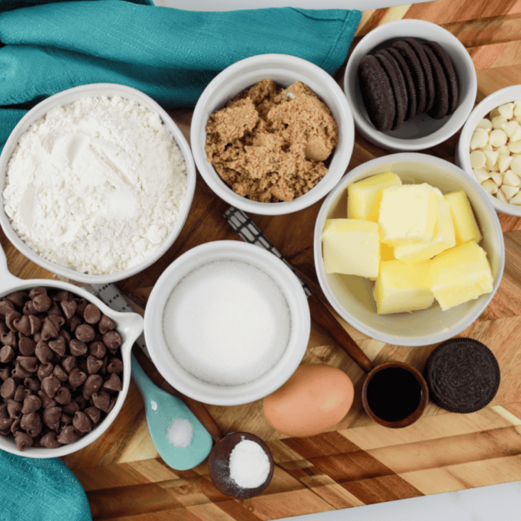 Ingredients needed for Air Fryer Cookies & Cream Pizzokie on kitchen table.