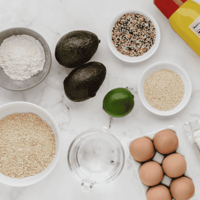 Ingredients needed for Air Fryer Everything Bagel Avocado Fries (Crispy & Delish) on kitchen table.
