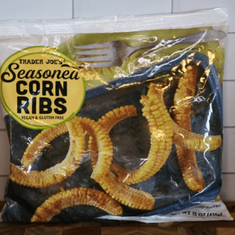 Trader Joe's corn ribs package, a frozen bag of Trader Joe's Seasoned Corn Ribs