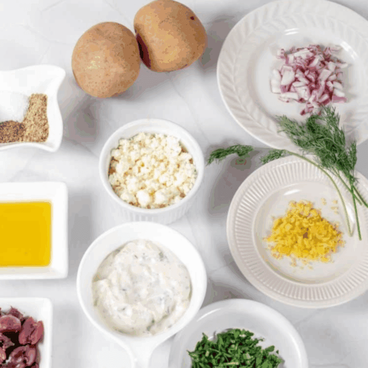 Ingredients needed for Easy Air Fryer Greek Fries on kitchen table.