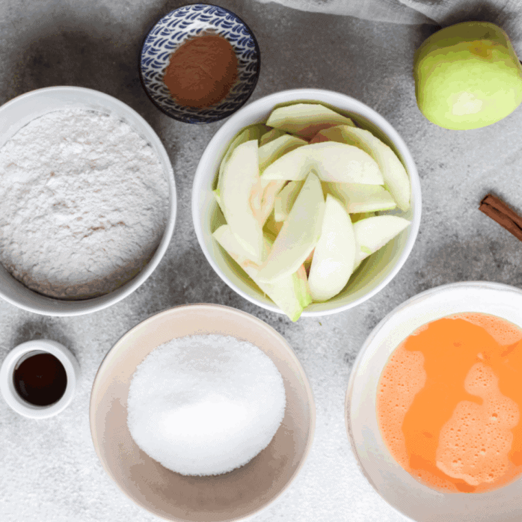 Ingredients needed for Easy Legoland Apple Fries Recipe on kitchen table.