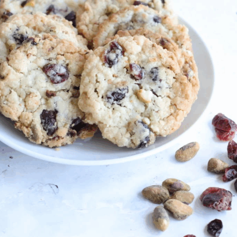 Golden-brown shortbread cookies loaded with cranberries and pistachios fresh from the air fryer.