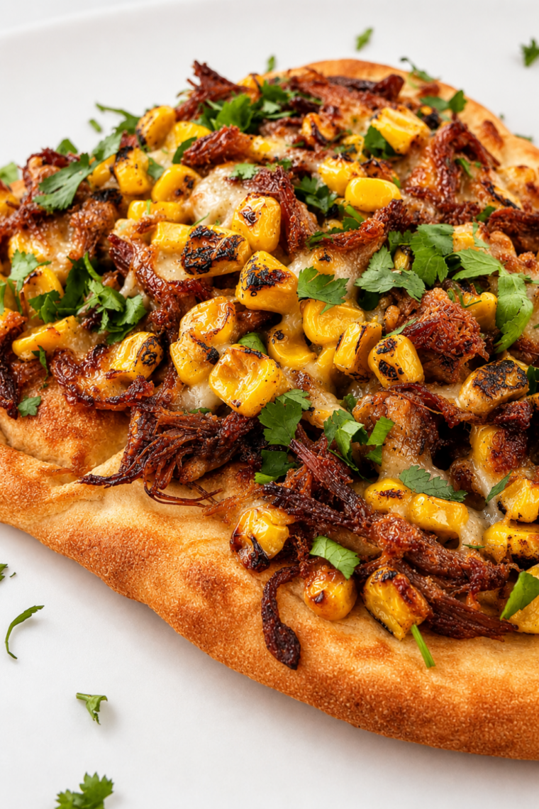 Whole carnitas flatbread on a plate garnished with cilantro and lime wedges