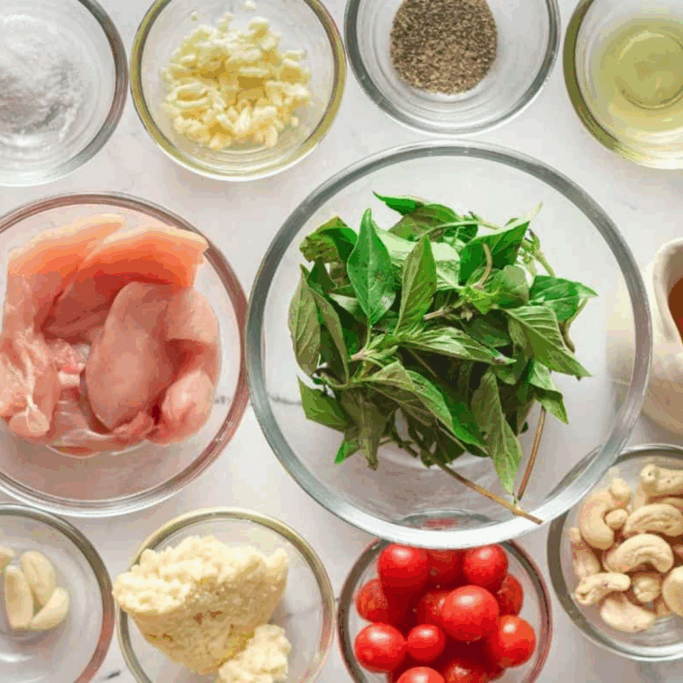 Ingredients needed for Easy Instant Pot Pesto Chicken Pasta on kitchen table.