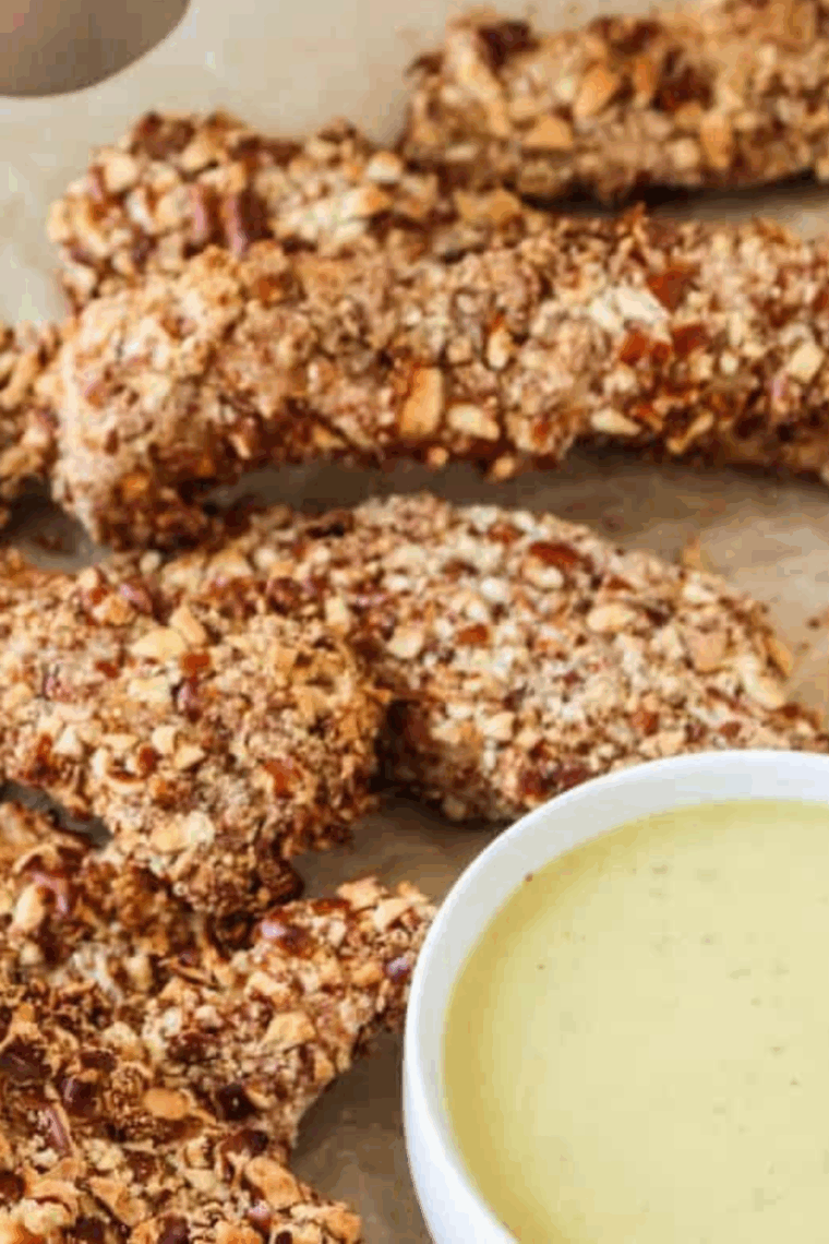 Crispy pretzel-crusted chicken tenders fresh out of the air fryer, golden brown and ready to serve with dipping sauce.