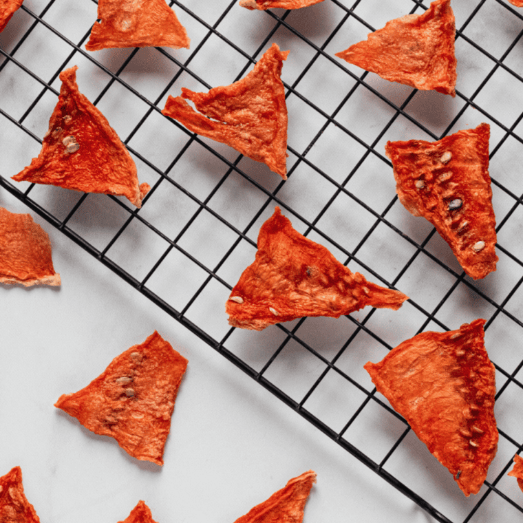 Air fryer dehydrated watermelon pieces with a candy-like, leathery texture