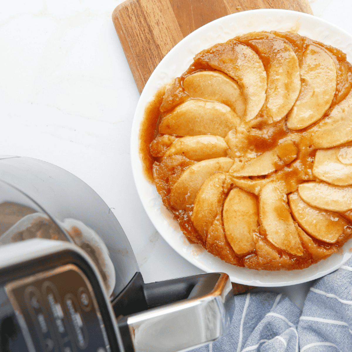 Air fryer upside down caramel apple cake golden and bubbly