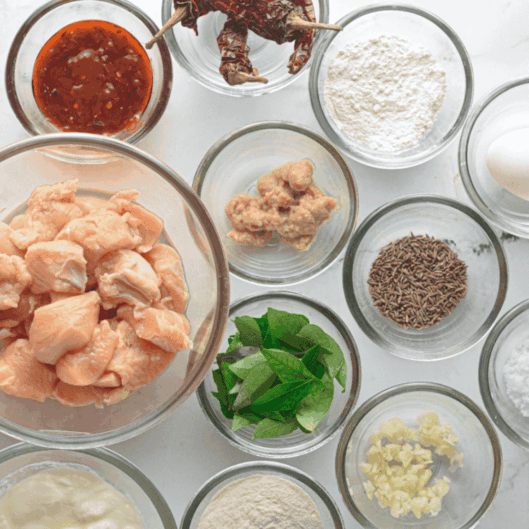 Ingredients needed for Easy Air Fryer Chicken 65 Recipe on kitchen table.