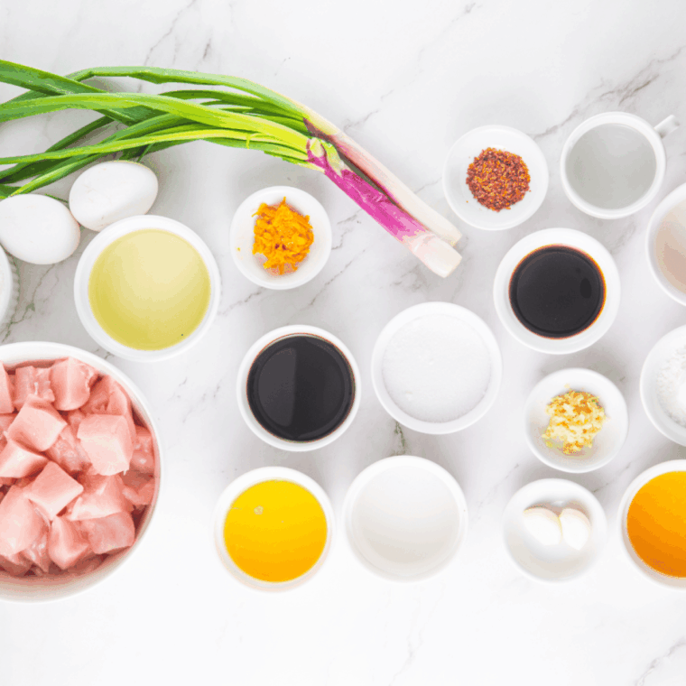 Ingredients needed for Easy Air Fryer PF Chang's Orange Chicken on kitchen table.