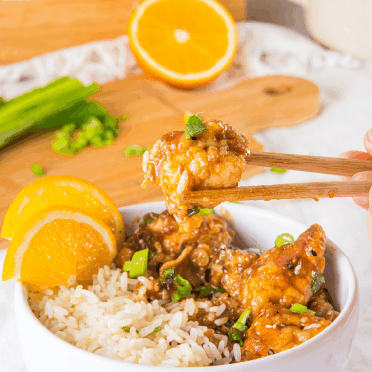 Easy Air Fryer PF Chang&rsquo;s Orange Chicken with crispy chicken coated in sweet orange sauce