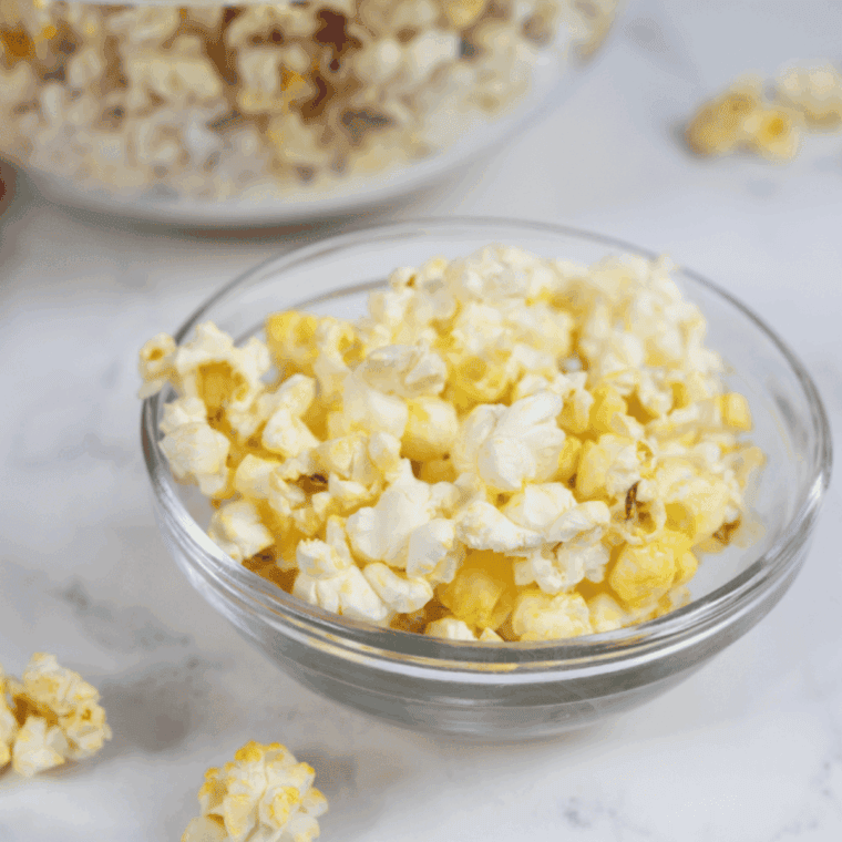 Bowl of Easy Blackstone Popcorn Recipe on kitchen table.