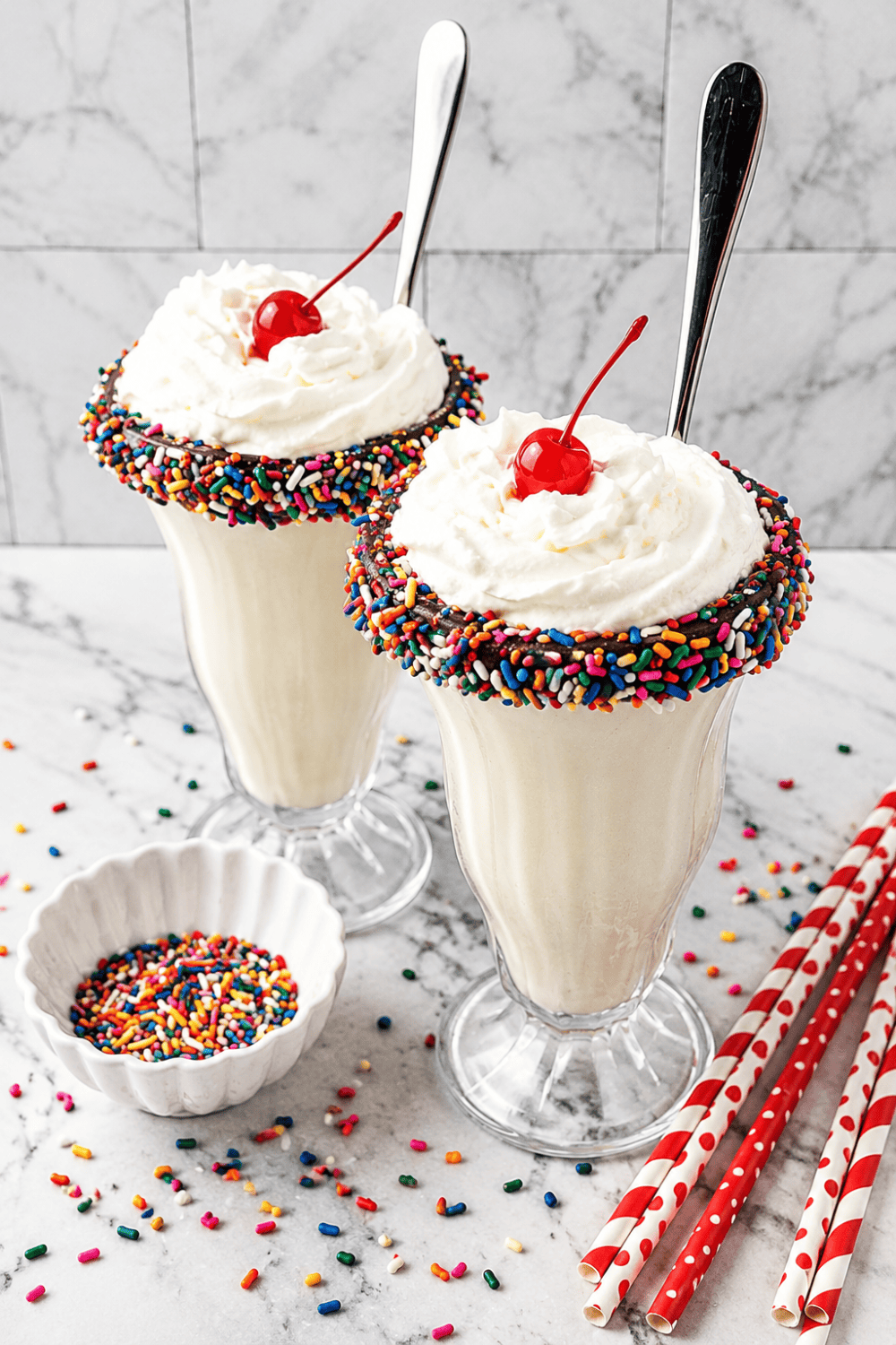 Two vanilla milkshakes with sprinkles and cherries on a table