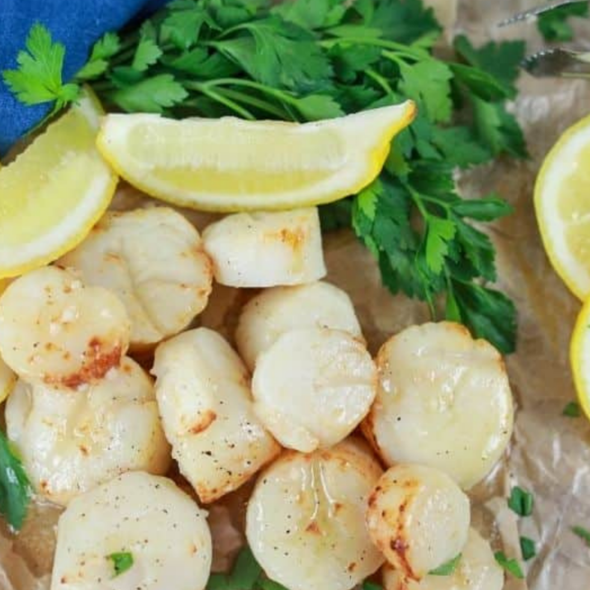 Seared scallops topped with lemon herb butter and fresh herbs served hot with lemon wedges.
