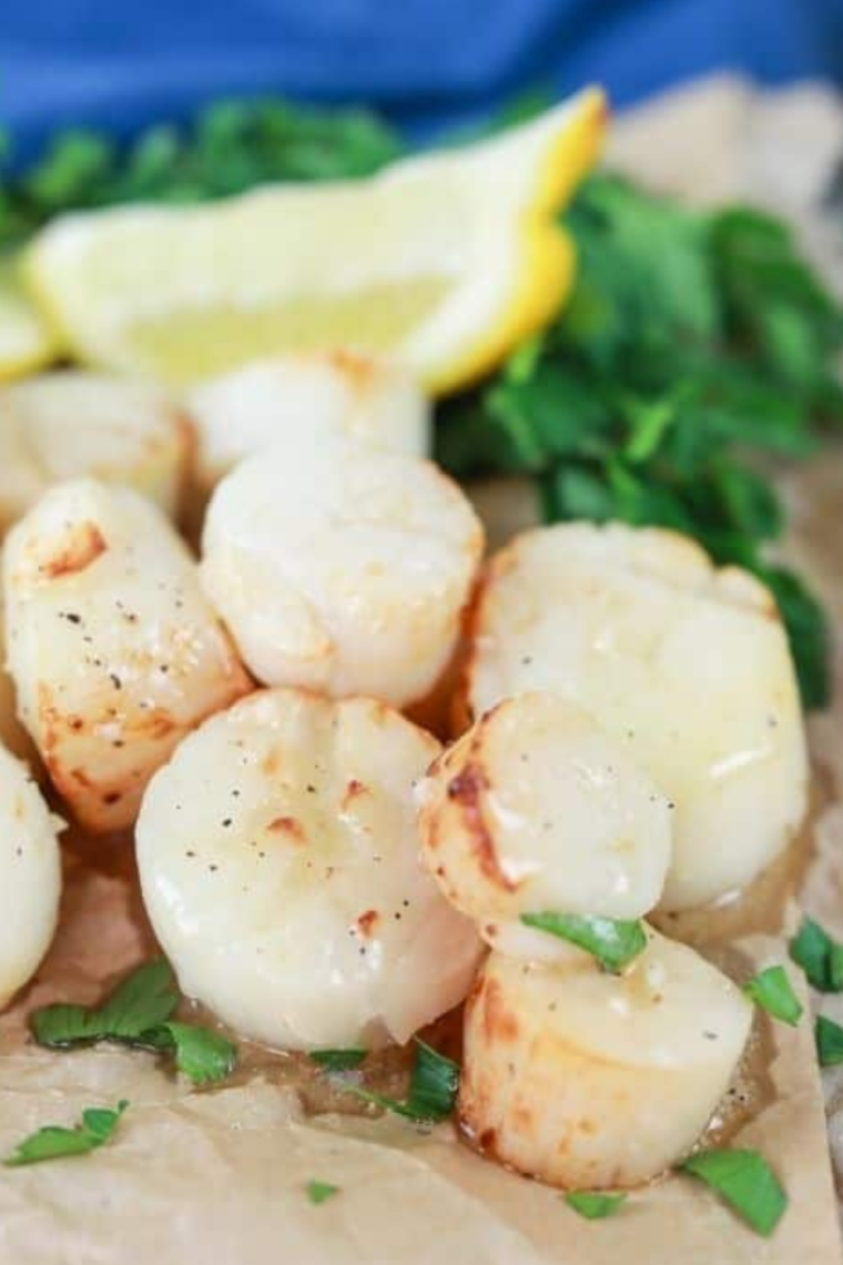 Close-up of a seared scallop with a golden crust cooked on a Blackstone griddle.