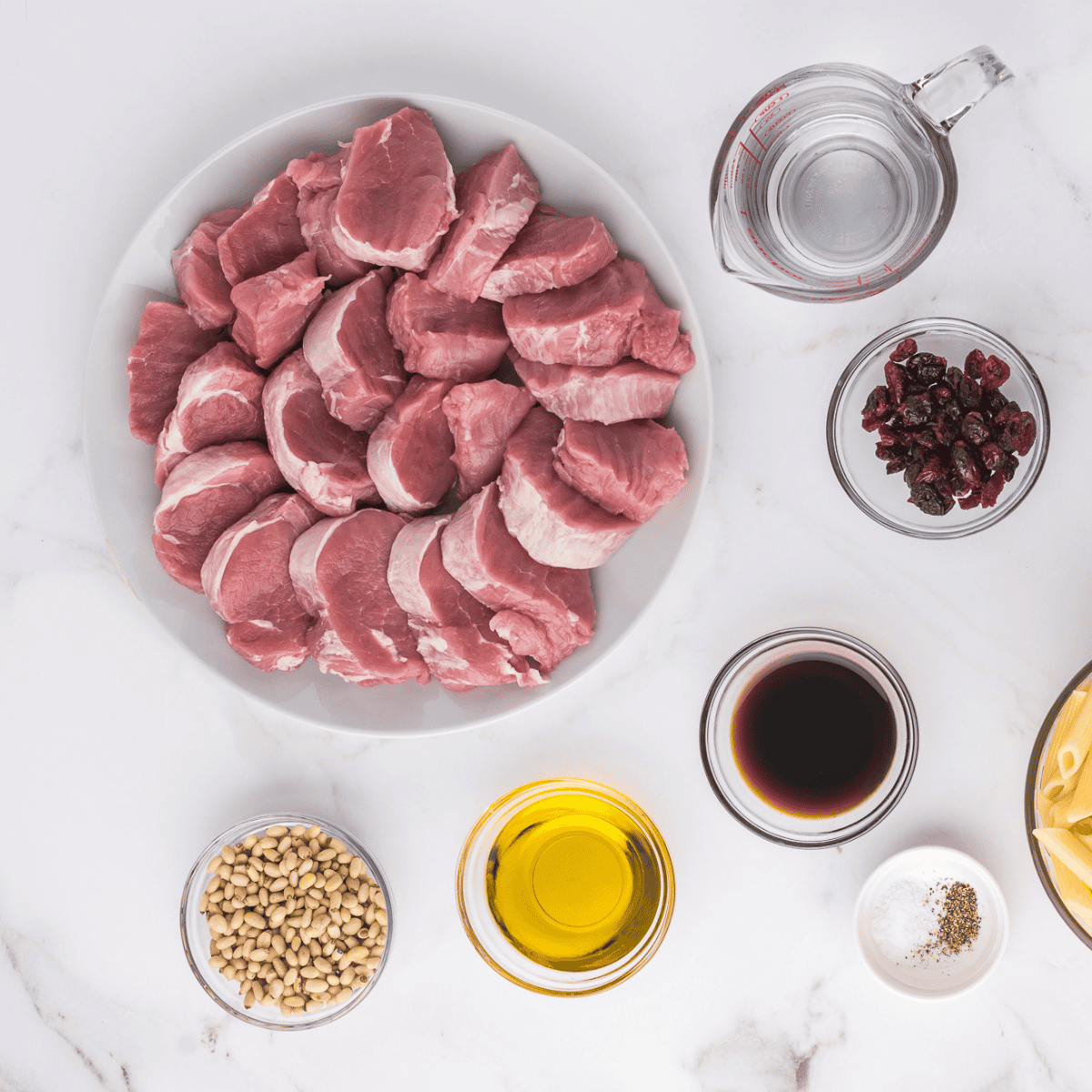 Ingredients needed for Easy and Juicy Air Fryer Pork Chop Bites on kitchen table.