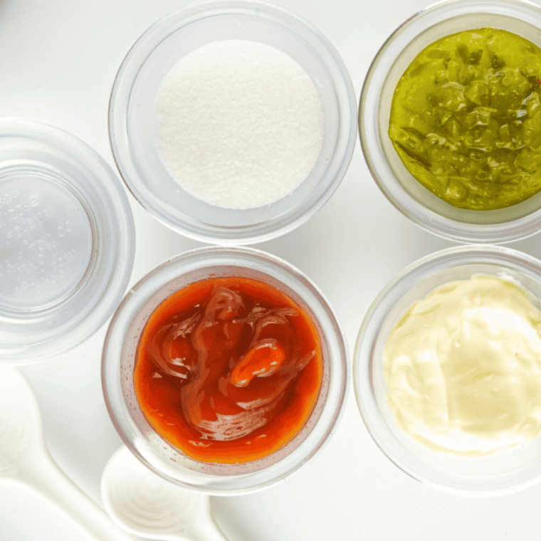 Ingredients needed for Shake Shack Sauce Recipe (Copycat Burger Sauce) on kitchen table.