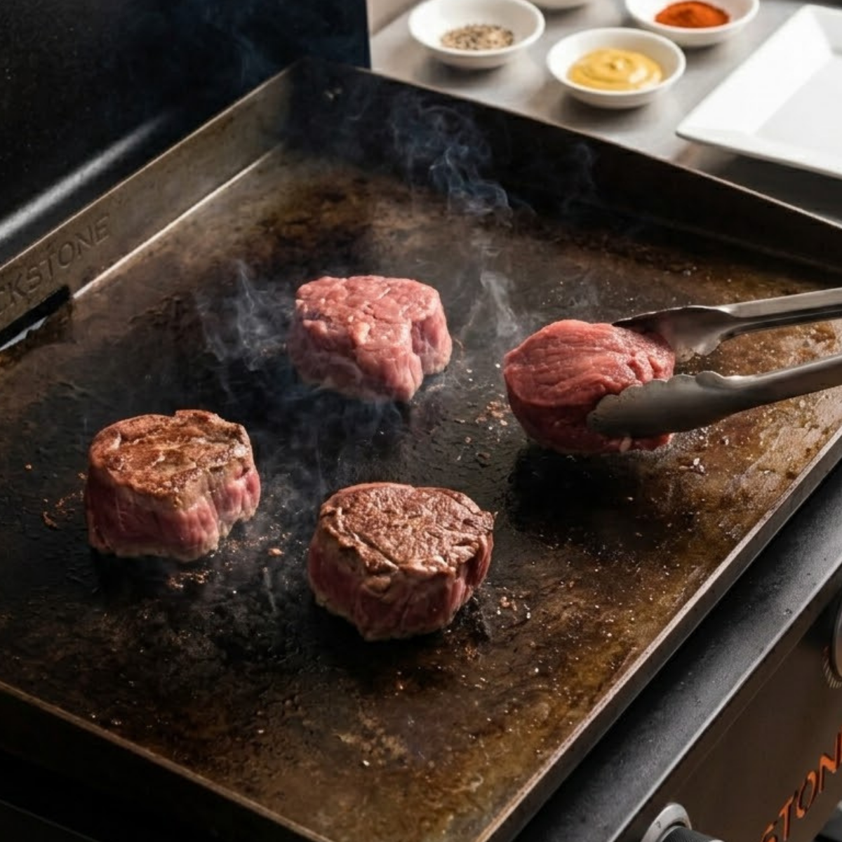 Filet mignon steaks searing on a hot Blackstone griddle with a deep brown crust forming.