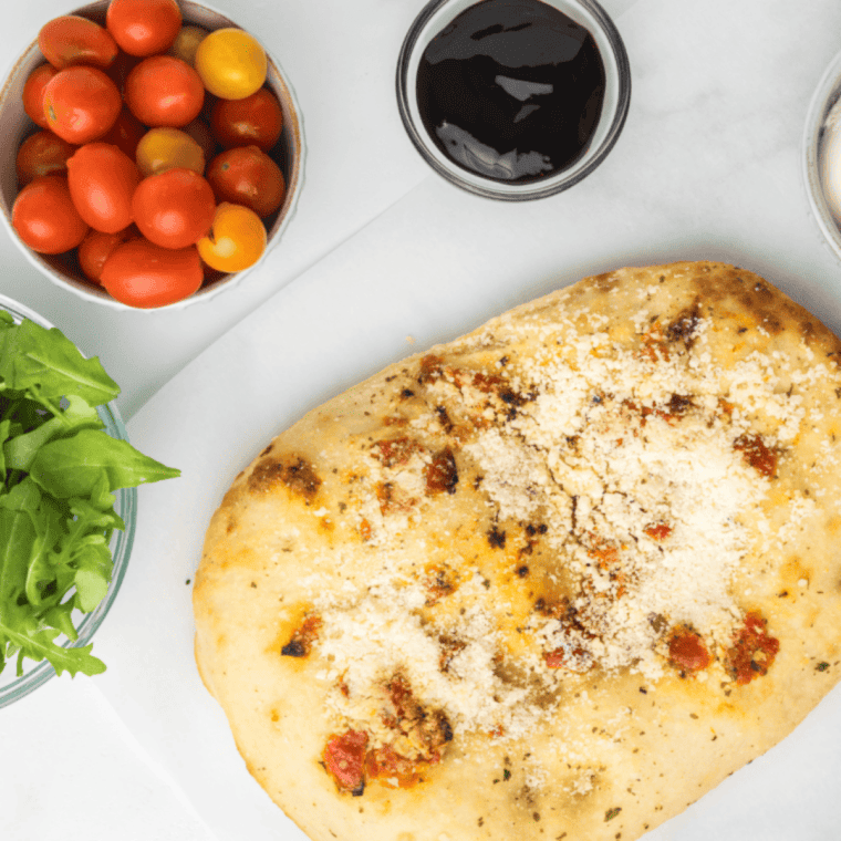 Ingredients needed for Air Fryer Trader Joe's Burrata Focaccia on kitchen table.