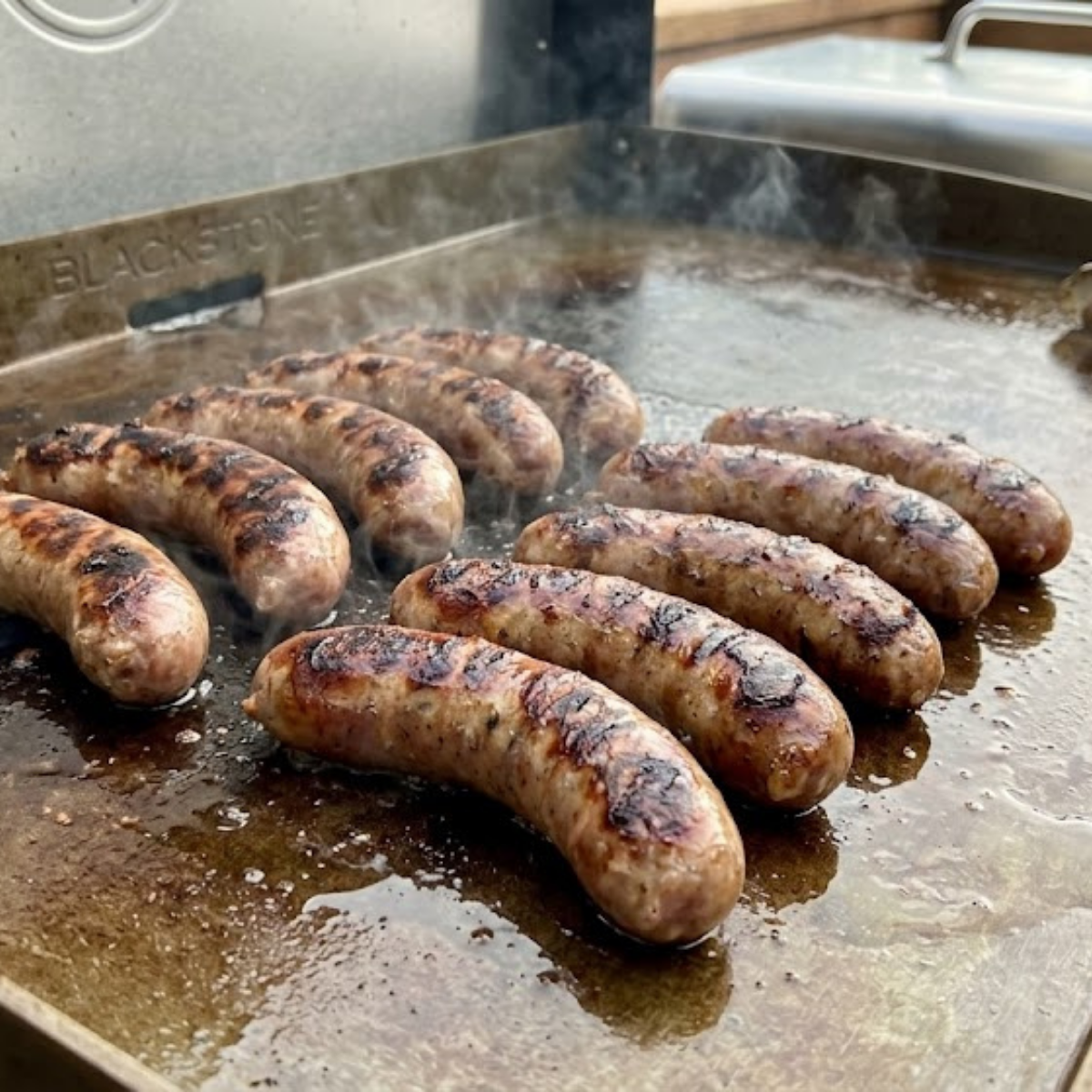 Brats browning on the griddle, turned with tongs beside caramelizing peppers and onions.