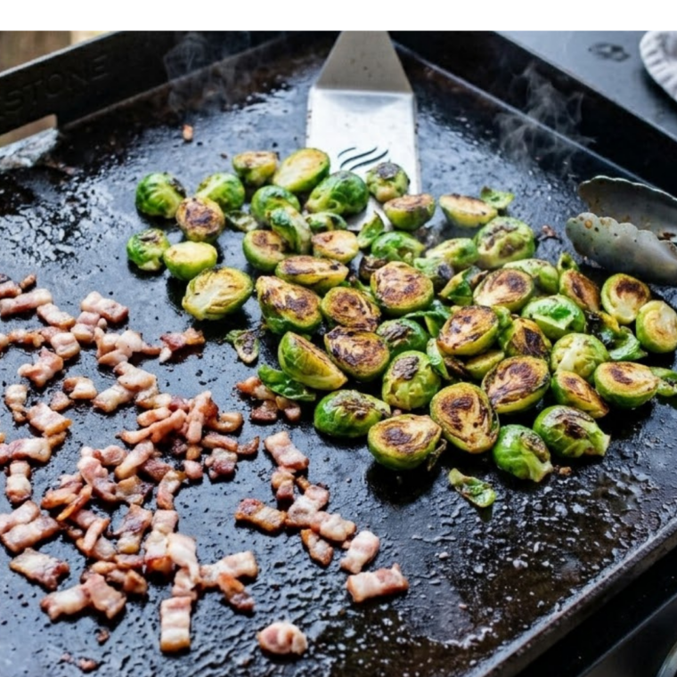 Preheat the griddle: Blackstone griddle heating to medium-high temperature and ready for cooking Brussels sprouts.