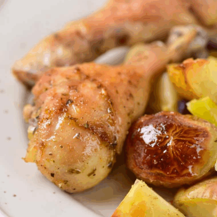 Easy Air Fryer Chicken Drumsticks with Vegetables close up on plate.