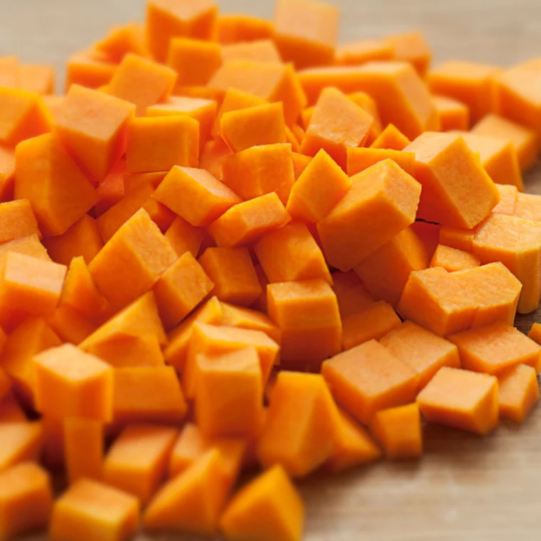 Ingredients for air fryer frozen butternut squash: frozen cubes, olive oil, salt, pepper and garlic powder 
