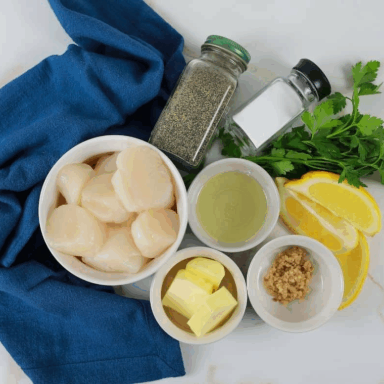 Ingredients needed for Air Fryer AIP Scallops on kitchen table.