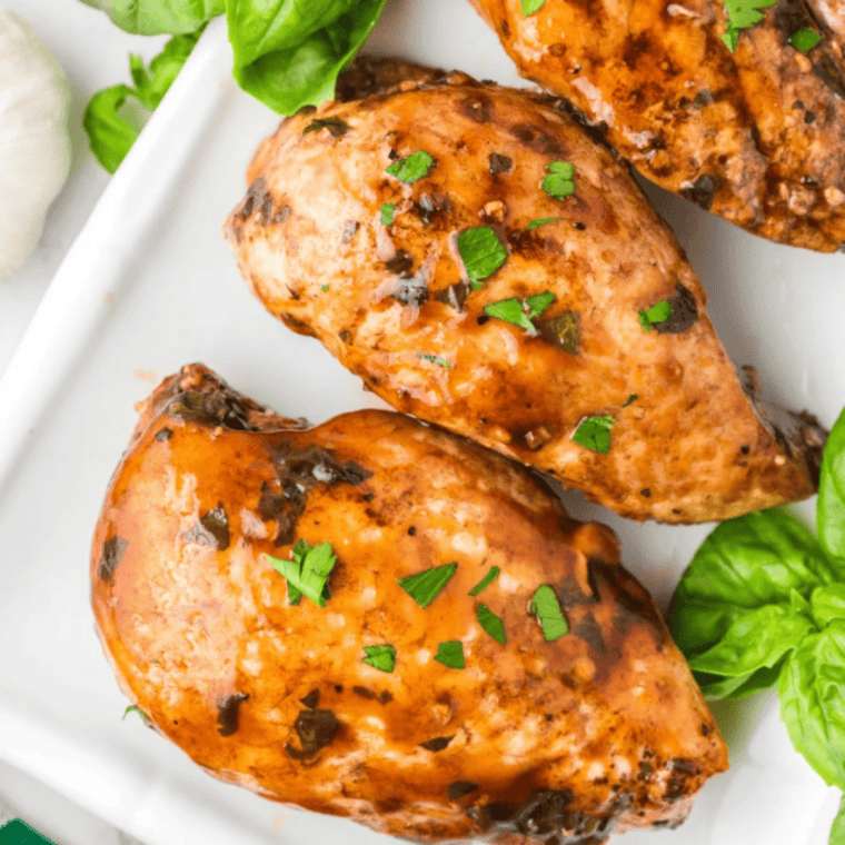 Cooked air fryer thin chicken breast with a golden-brown exterior, resting before slicing