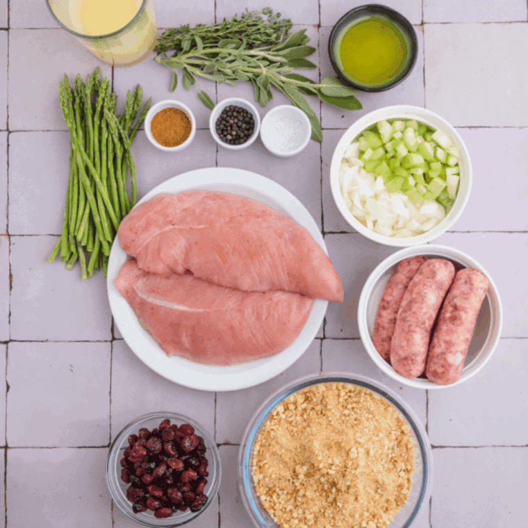 Ingredients needed for Easy Copycat Boston Market Vegetable Stuffing Recipe on kitchen table.