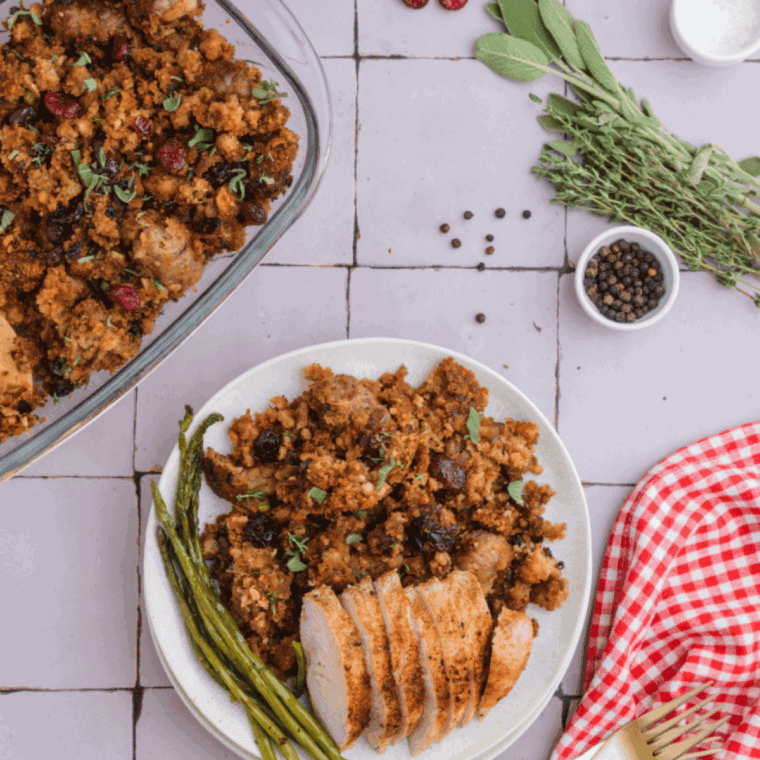 Homemade Boston Market-style vegetable stuffing with bread cubes, vegetables, and herbs