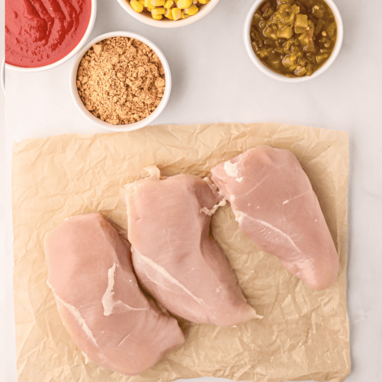 Ingredients for crockpot shredded chicken tacos: chicken breasts, Rotel, chicken broth, spices, and tortillas.