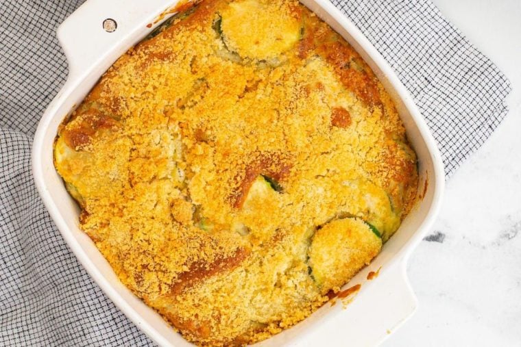 Air fryer zucchini casserole in a dish.